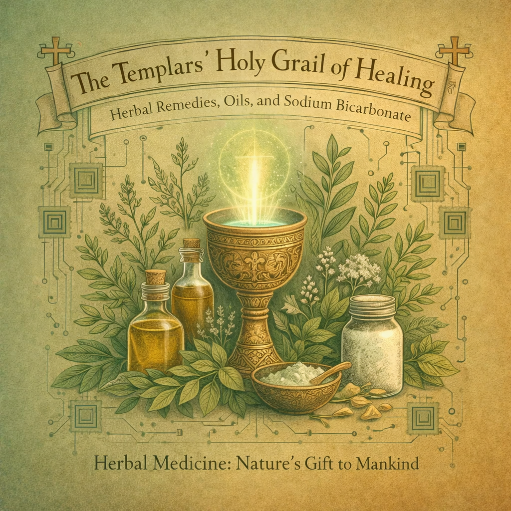 Illustration of a glowing medieval chalice surrounded by herbs, oils, and sodium bicarbonate, blending natural botanical elements with subtle circuit patterns to symbolize holistic healing.