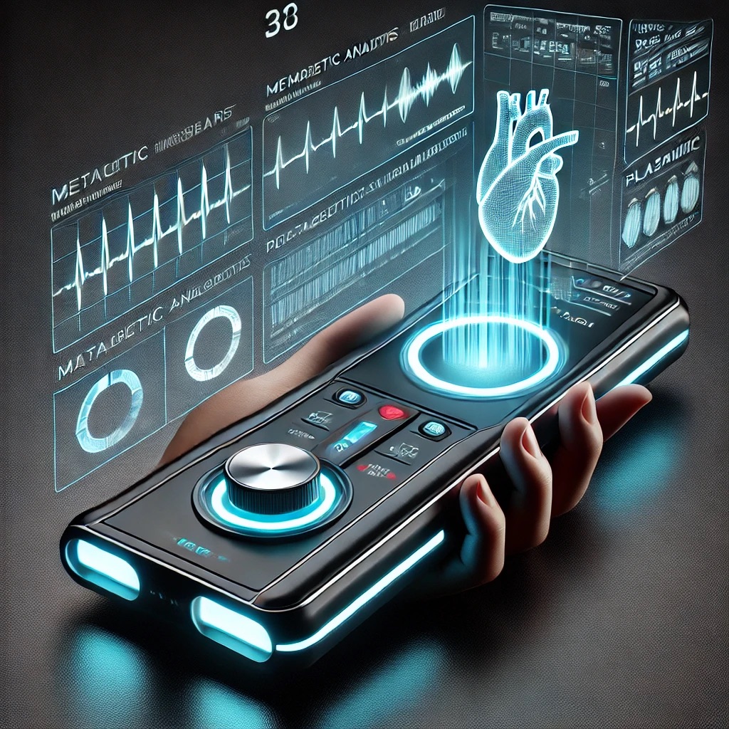 Futuristic handheld medical scanner projecting a holographic heart and real-time biometric data, including ECG waveforms and analytics, in a digital interface.